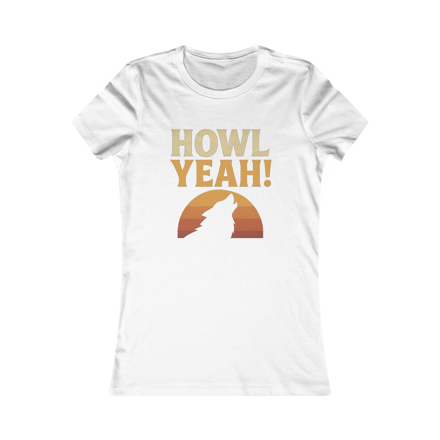 White womens t-shirt with 'HOWL YEAH!' text and wolf silhouette design on a white background
