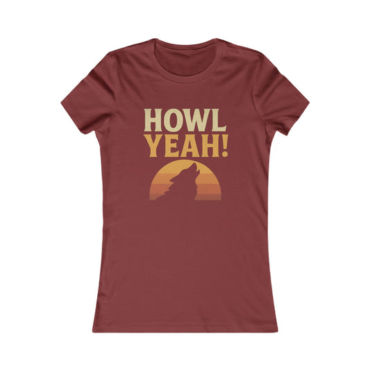 Maroon womens t-shirt with 'HOWL YEAH!' text and wolf silhouette graphic on a white background