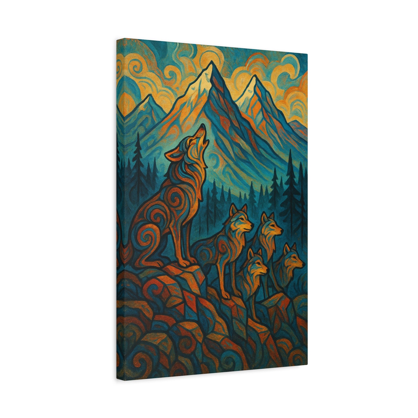 Canvas print with a stylized wolf and three cubs in a forest with mountains in the background.
