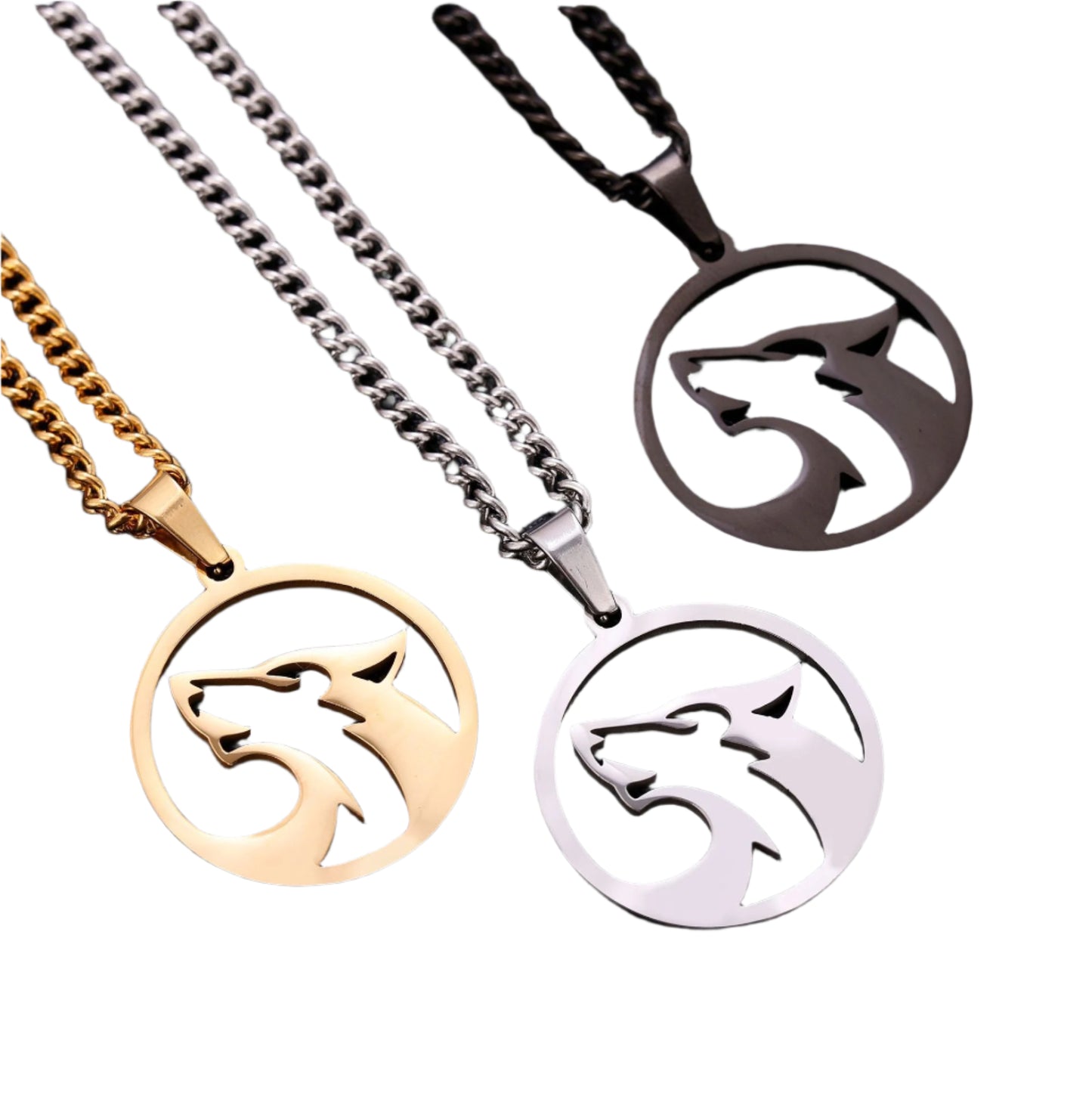 Four wolf-themed necklaces in gold, silver, and black on a white background.