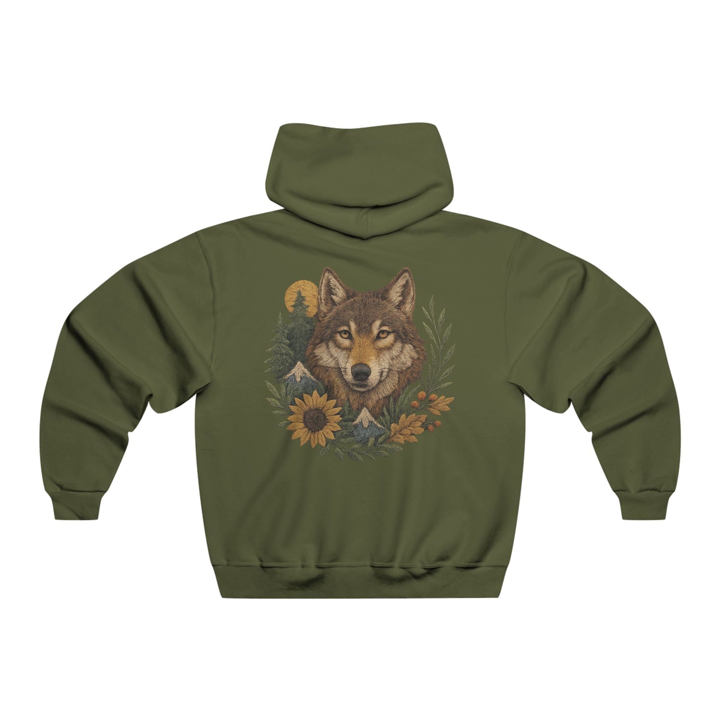 Green hooded sweatshirt with front and back fall-themed wolf design in earthy autumn tones, printed on a soft cotton-poly blend with relaxed fit.