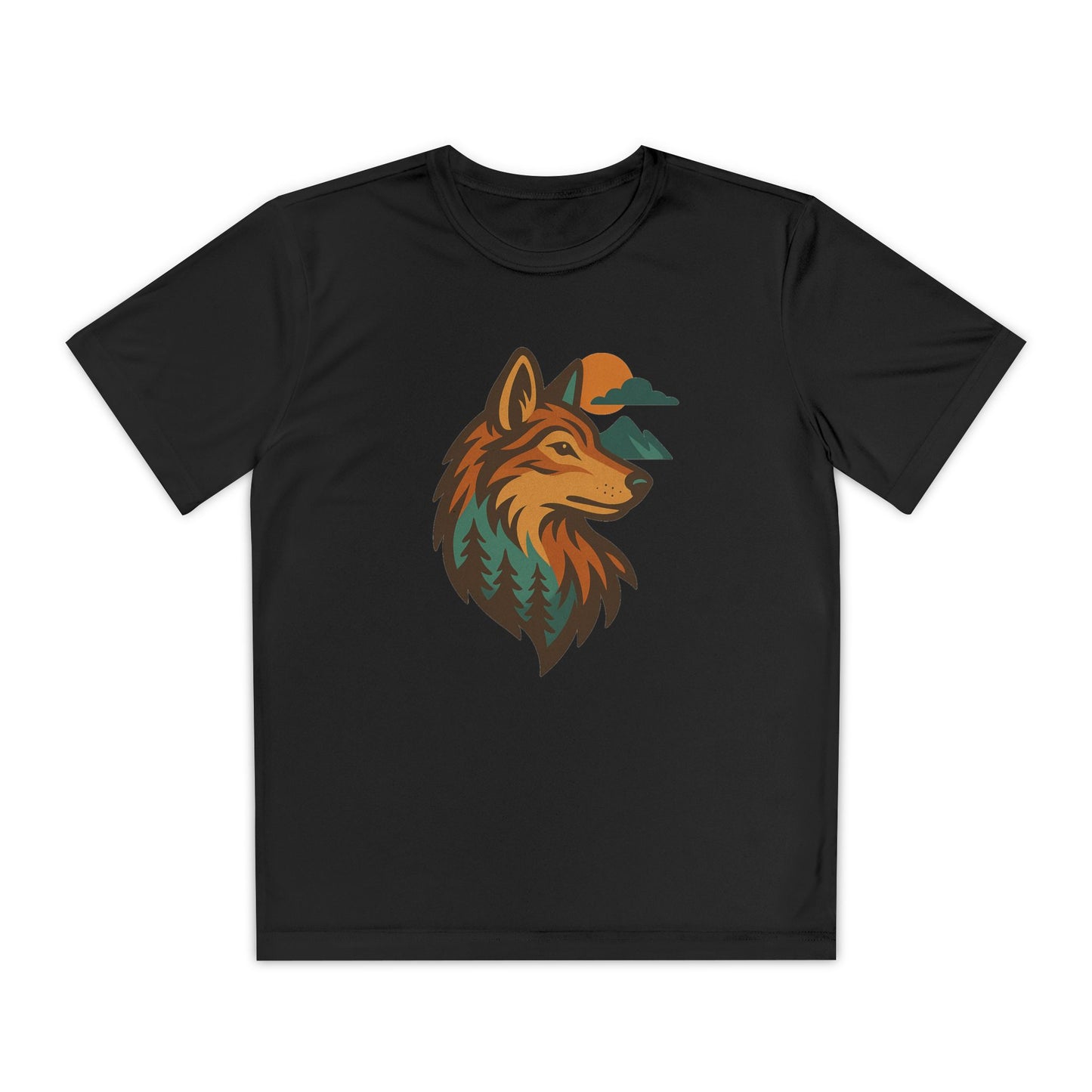 Youth athletic-fit performance t-shirt with “Sundrift Wolf” sunlit nature-themed design, displayed flat with moisture-wicking fabric and short sleeves.
