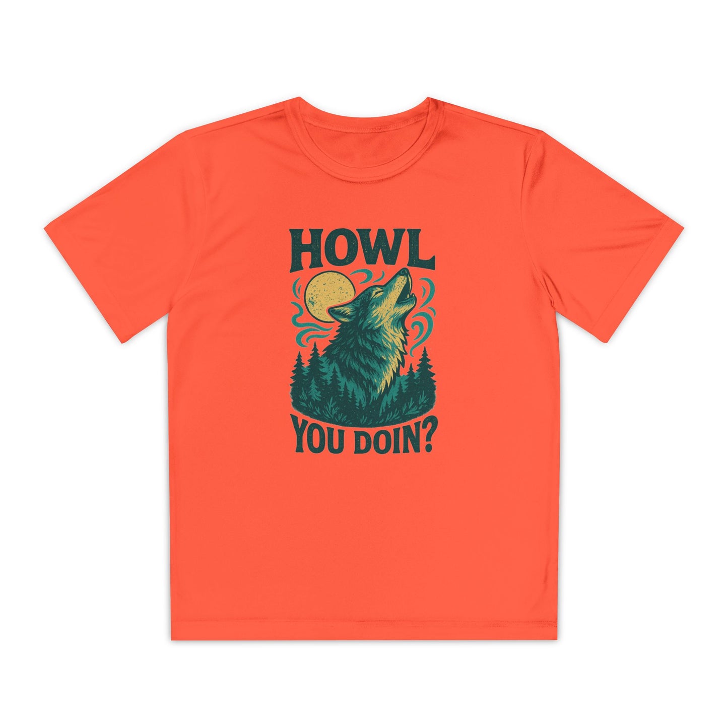 Orange t-shirt with a graphic of a wolf and text on a white background