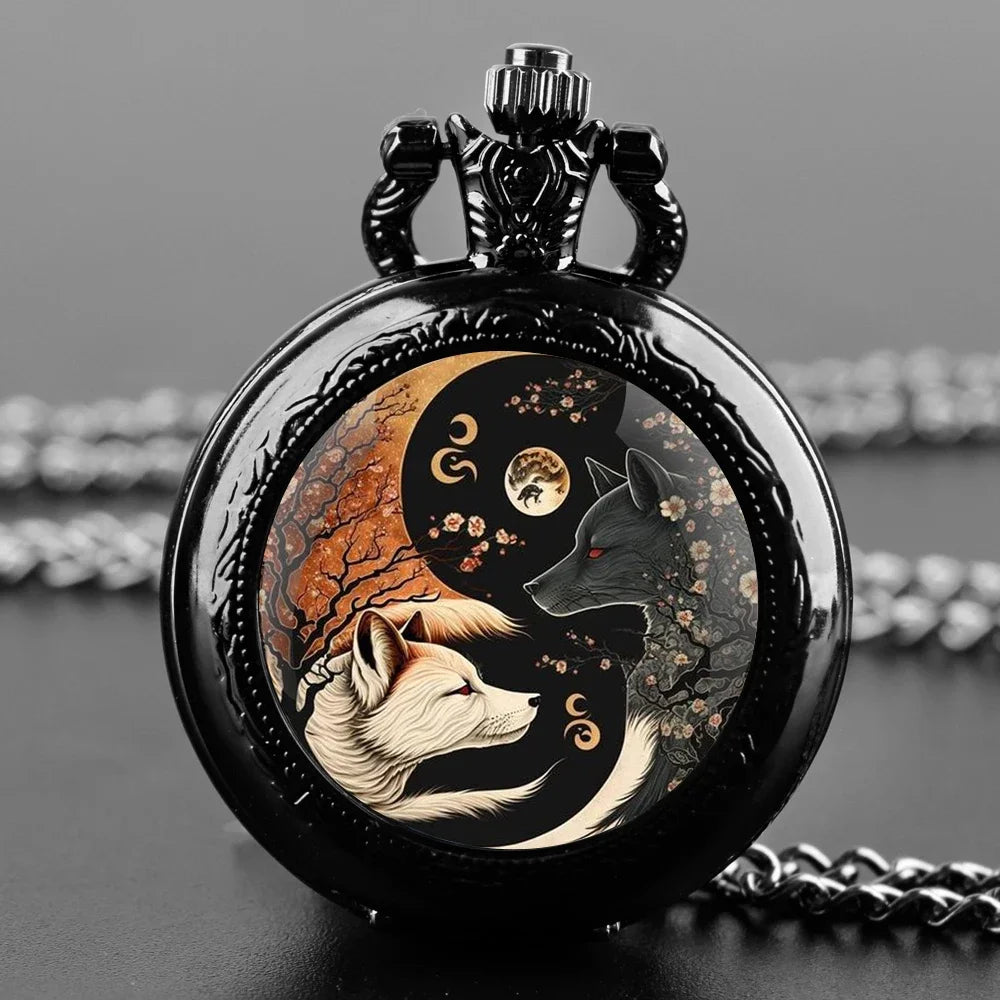 Yin Yang Wolf Pocket Watch | Vintage Quartz Pendant Necklace