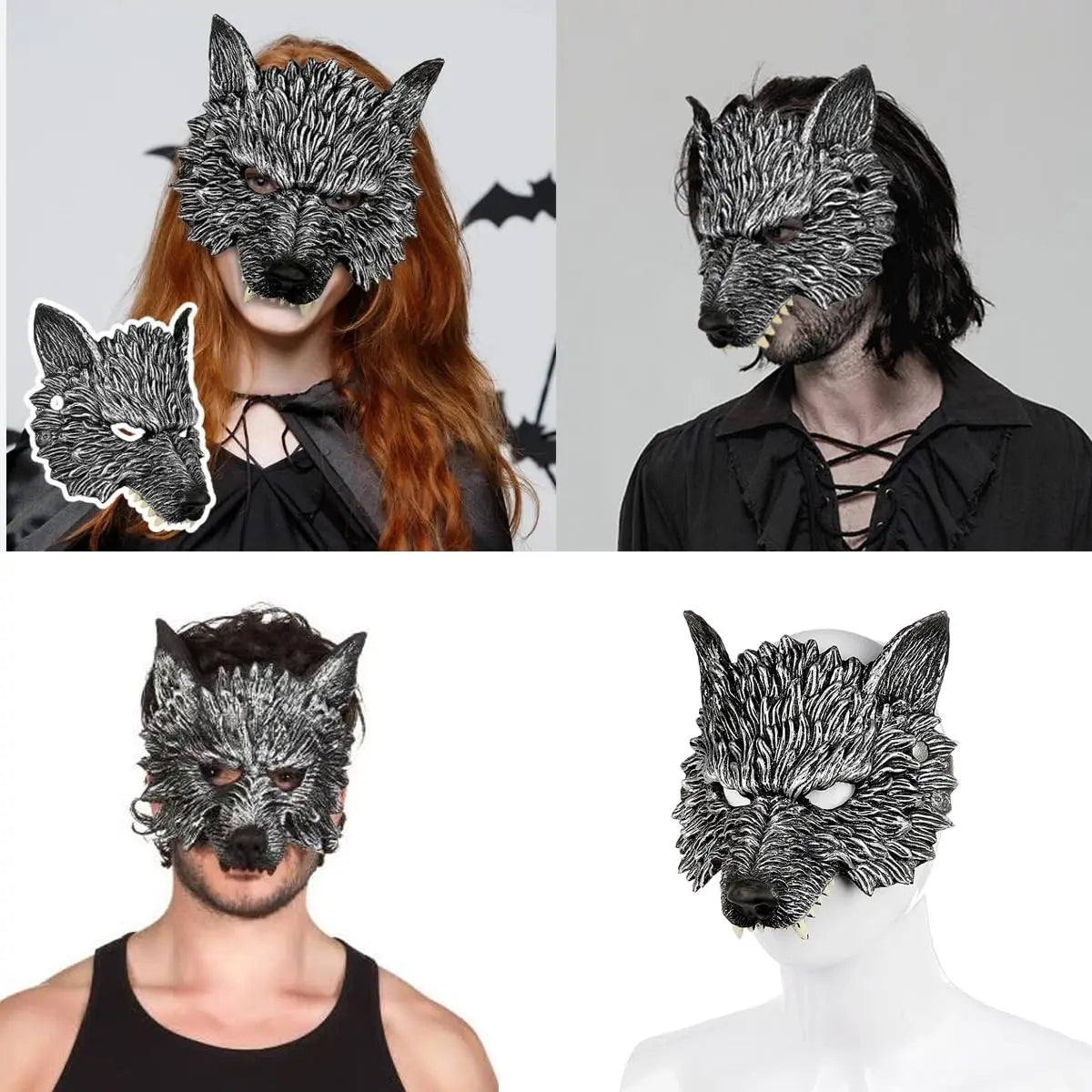 Four different people wearing wolf masks against various backgrounds.