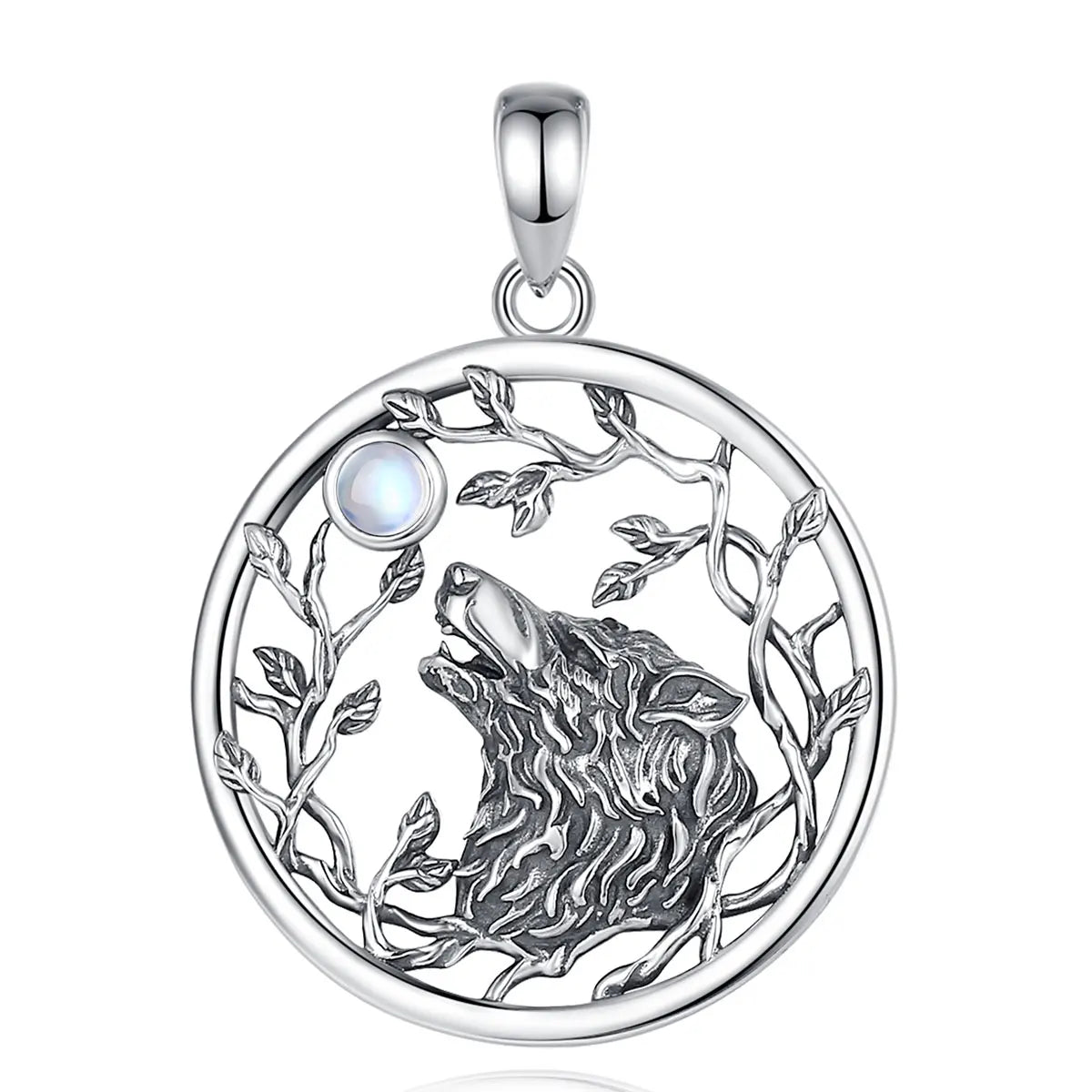 Silver Wolf & Moonstone Pendant – Tree of Life Necklace | 925 Sterling Silver