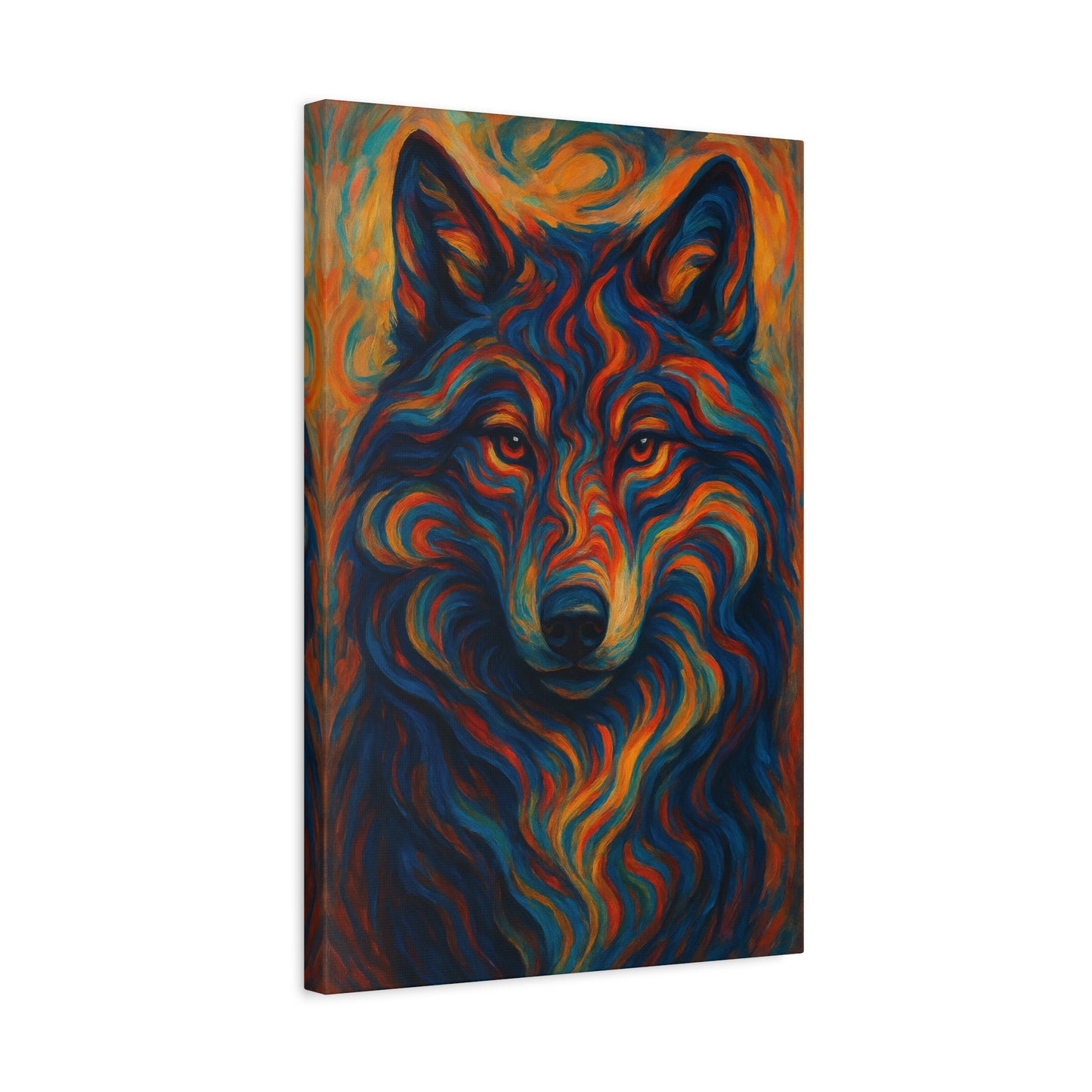 Canvas wall art featuring a glowing, fire-toned wolf with stormlight accents and intense gaze, printed on stretched wood frame in vivid detail.