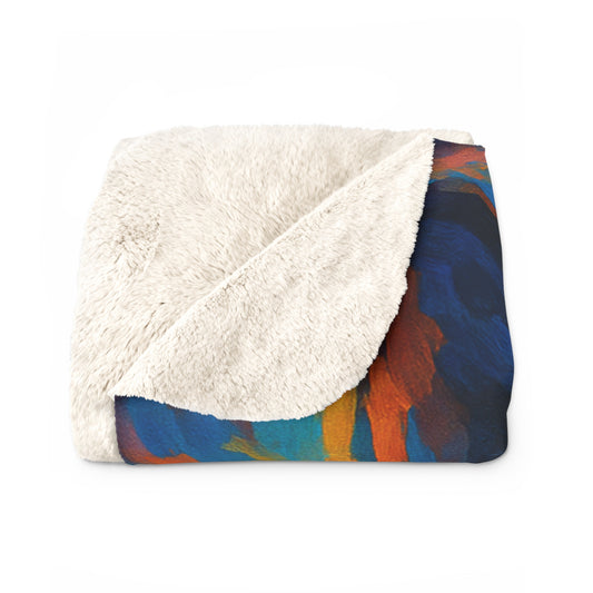 Sherpa fleece blanket with ember-toned wolf design glowing beneath the surface, printed in rich color on a plush top with cozy fleece backing.