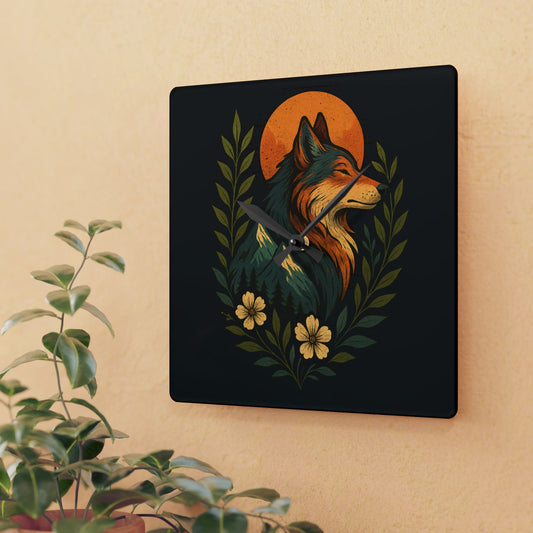 Square acrylic wall clock featuring a serene wolf with mountain-shaped fur, golden light, and blooming wildflowers, set against a soft natural background.