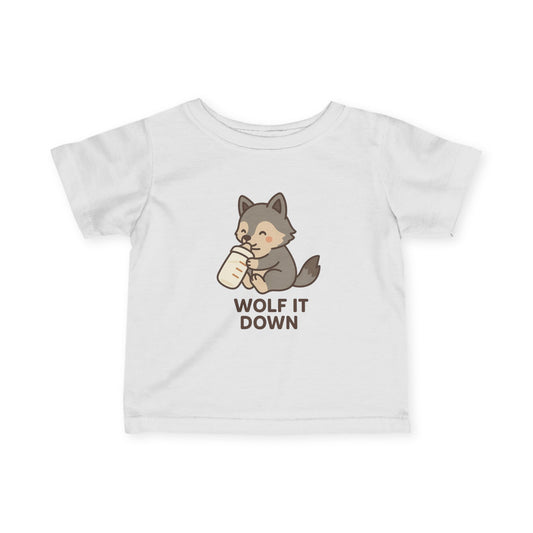 White t-shirt with a cartoon wolf holding a drink and 'WOLF IT DOWN' text on a white background
