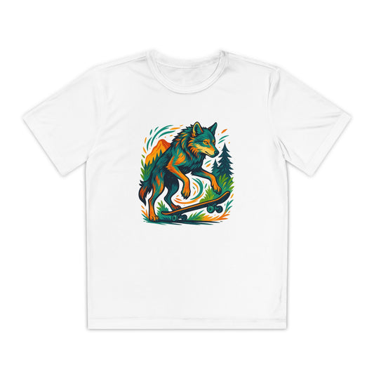 White Youth athletic-fit t-shirt with “Skater Wolf Vibes” skate-themed wolf design, laid flat to show short sleeves, breathable fabric, and moisture-wicking texture.