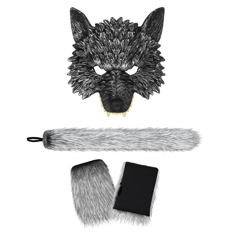 Wolf mask with fur accessories on a white background