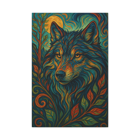 Canvas wall art with a glowing wolf surrounded by sunlit ferns and earthy tones, printed in high detail on stretched wood frame.
