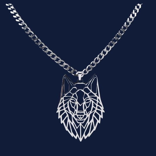 Wolf head pendant necklace on a dark blue background