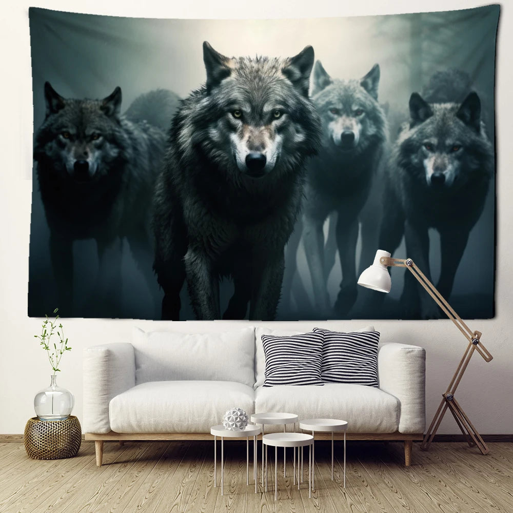 Moonwatchers Wolf Tapestry | Grey Wolves Wall Hanging for Bedroom or Living Room
