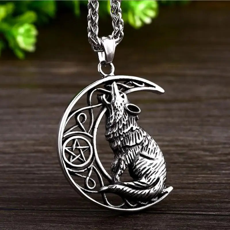 Midnight Howl Pendant – Crescent Moon & Wolf Necklace