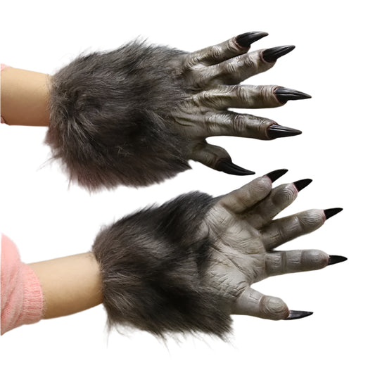 Pair of wolf-like gloves with fur and black nails on a white background