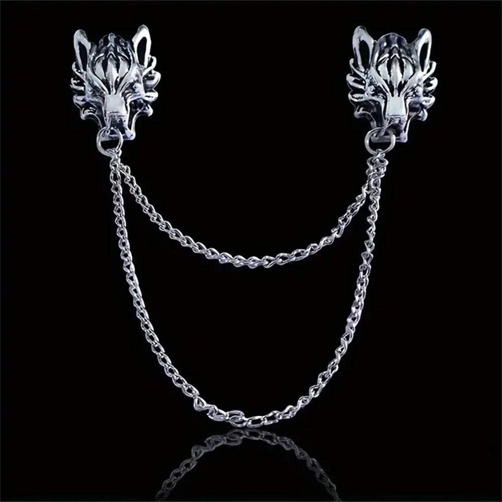 Twinfang Chain Brooch | Dual Wolf Head Collar Pin
