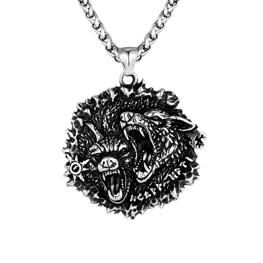 Wolf head pendant necklace on a white background