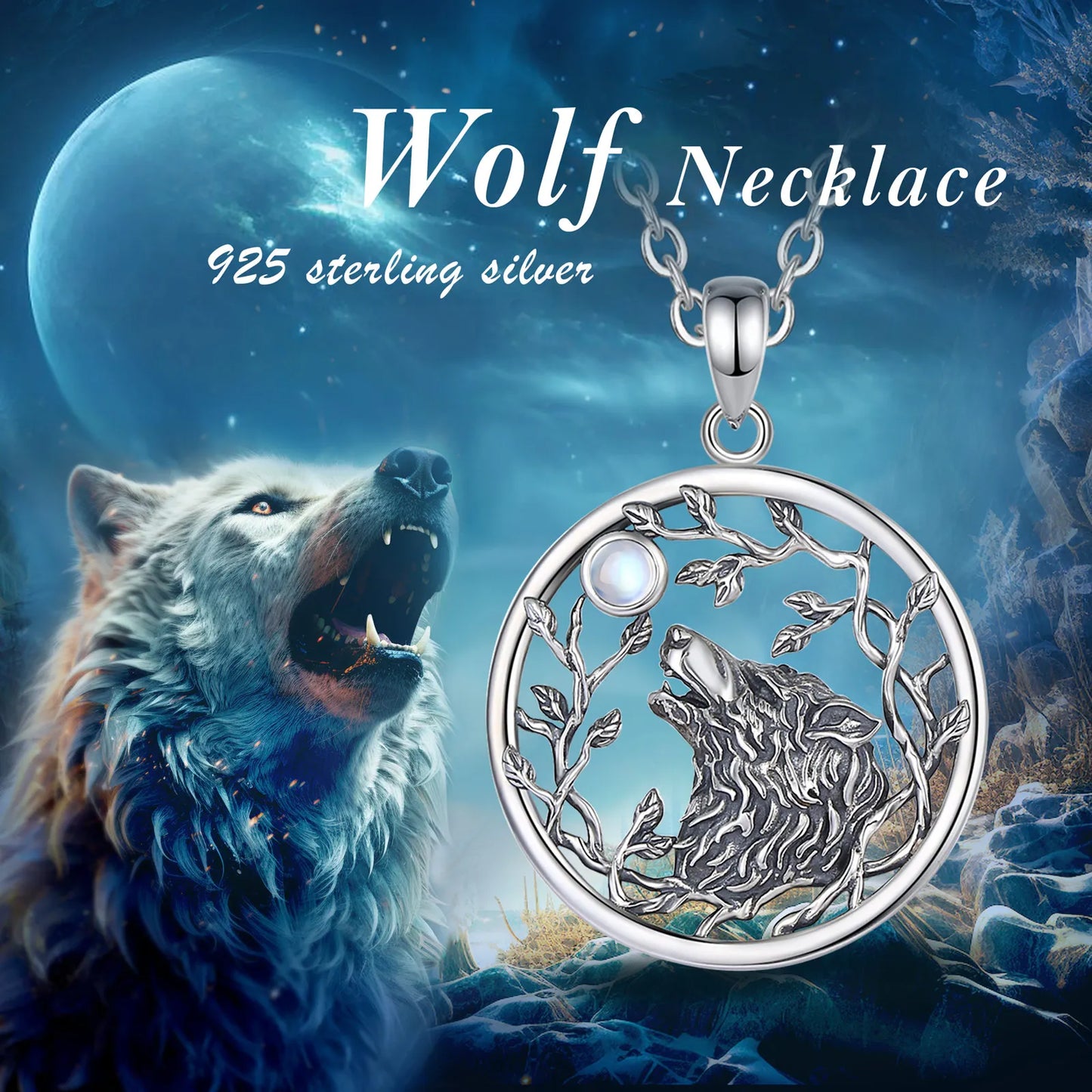 Silver Wolf & Moonstone Pendant – Tree of Life Necklace | 925 Sterling Silver
