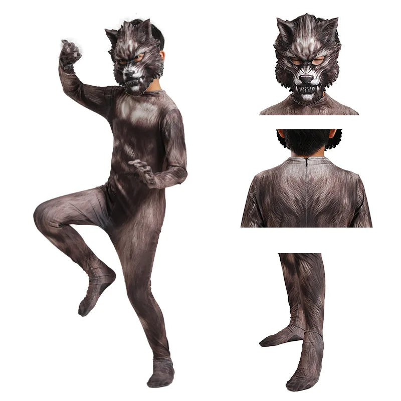 Wolf costume with mask and full-body suit on a white background
