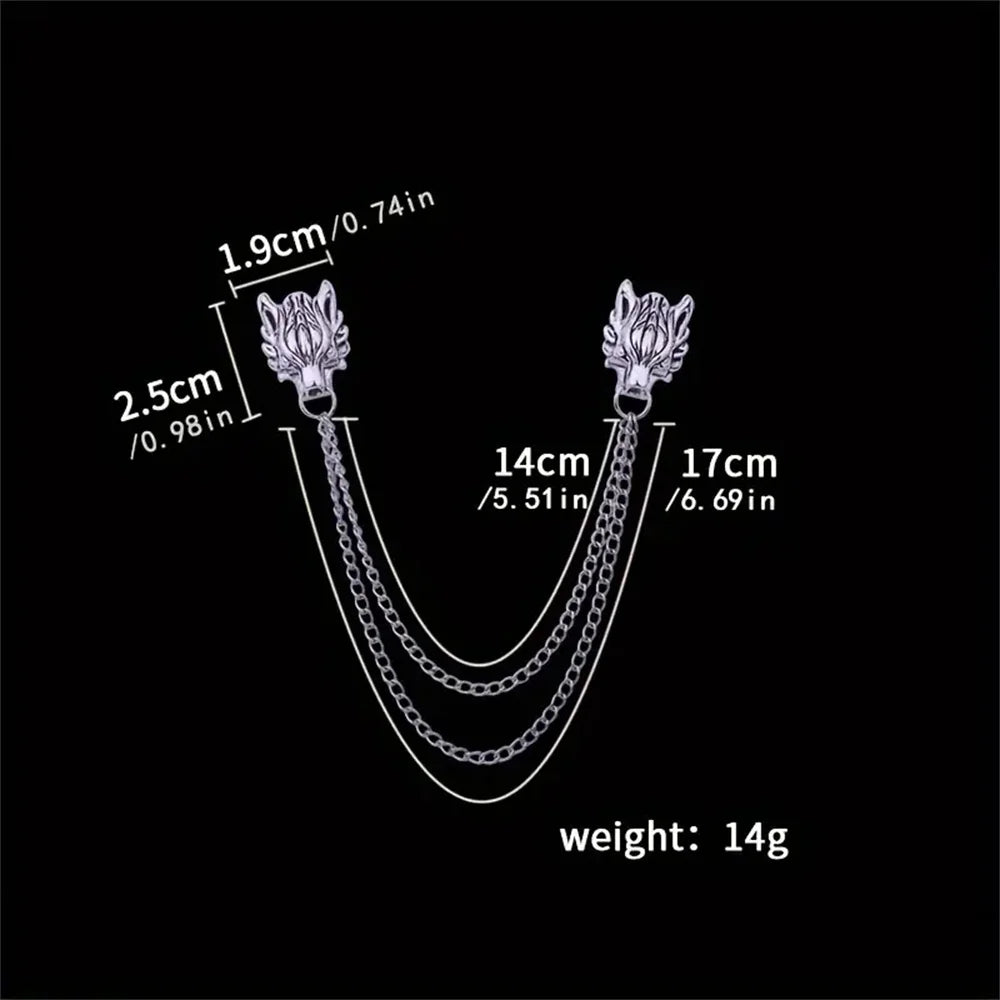 Twinfang Chain Brooch | Dual Wolf Head Collar Pin