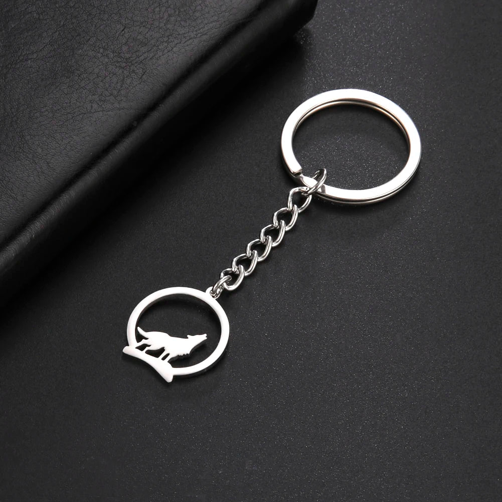 Silver Wolf Emblem Keychain | Stainless Steel Round Pendant
