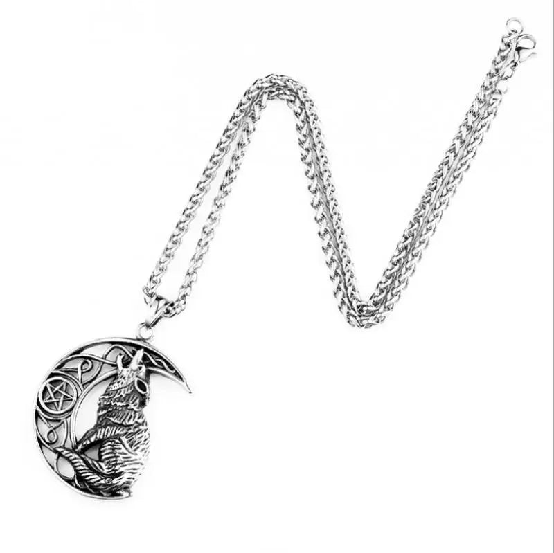 Midnight Howl Pendant – Crescent Moon & Wolf Necklace