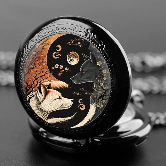 Decorative pocket watch with wolf design and moon phases on a dark background