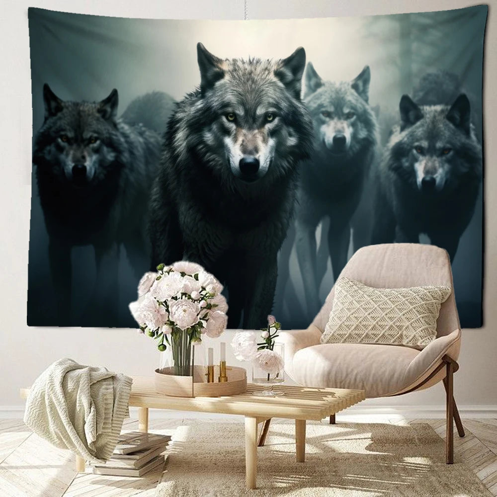 Moonwatchers Wolf Tapestry | Grey Wolves Wall Hanging for Bedroom or Living Room