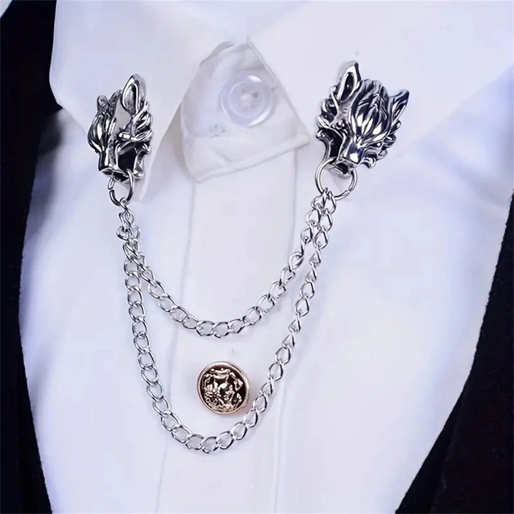 Twinfang Chain Brooch | Dual Wolf Head Collar Pin