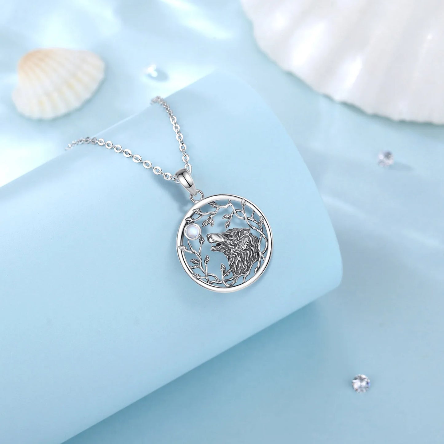 Silver Wolf & Moonstone Pendant – Tree of Life Necklace | 925 Sterling Silver