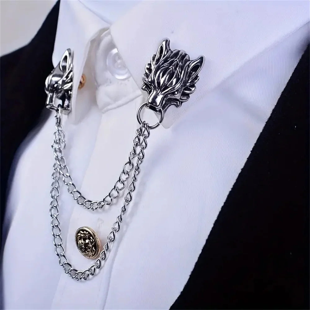 Twinfang Chain Brooch | Dual Wolf Head Collar Pin
