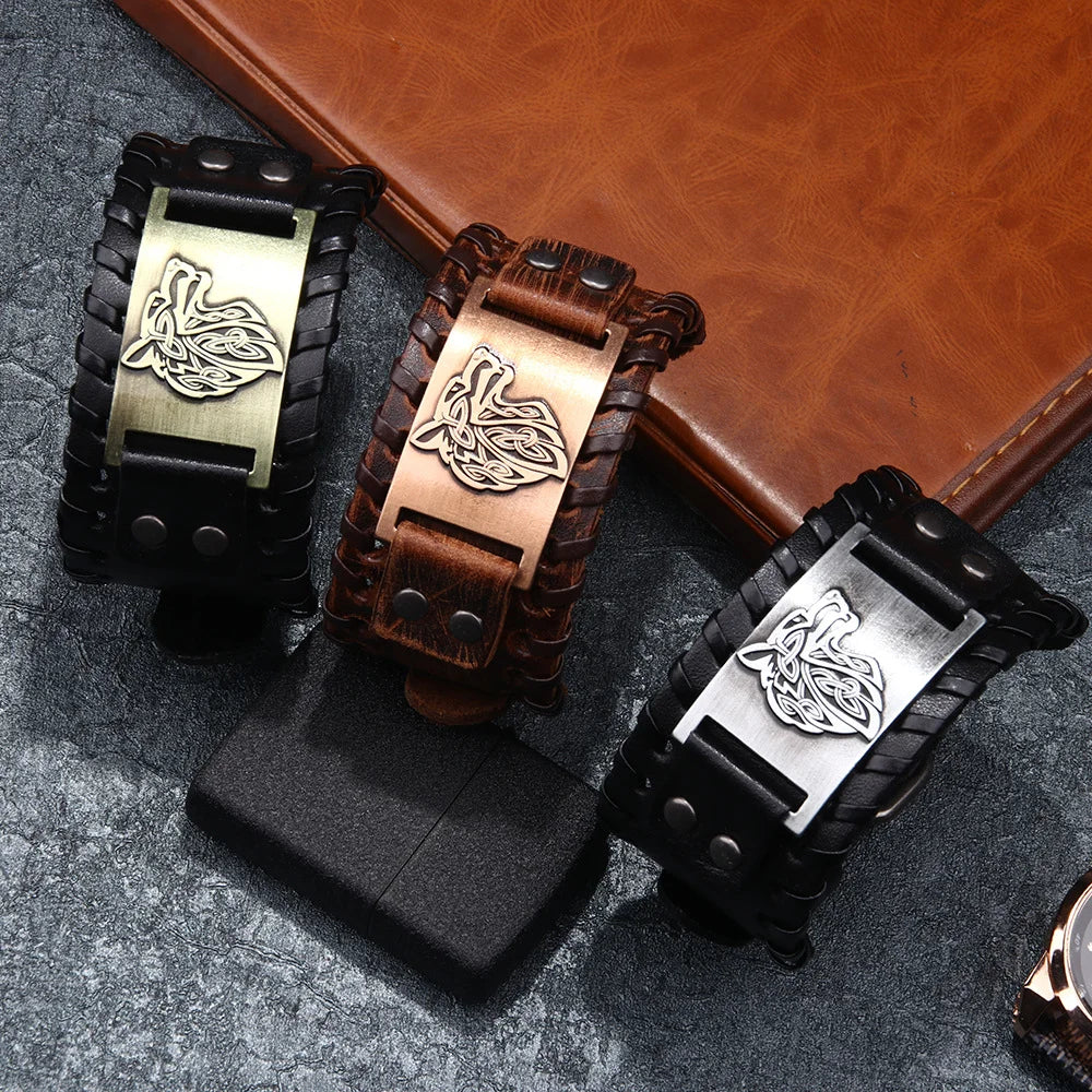 Vargbound Leather Cuff – Viking Wolf Bracelet with Metal Detail