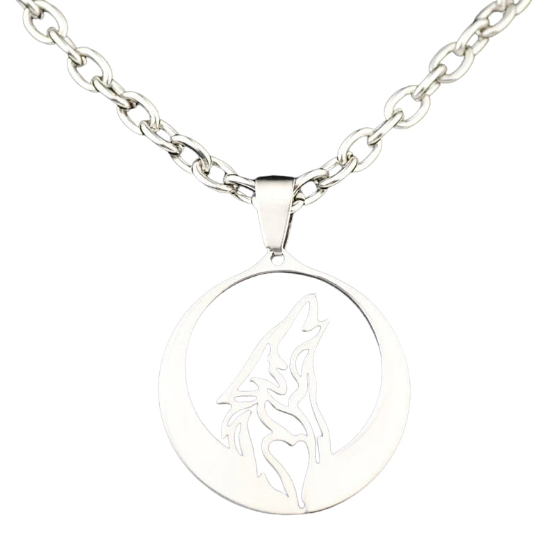 Silver necklace with a round pendant featuring a wolf design on a white background