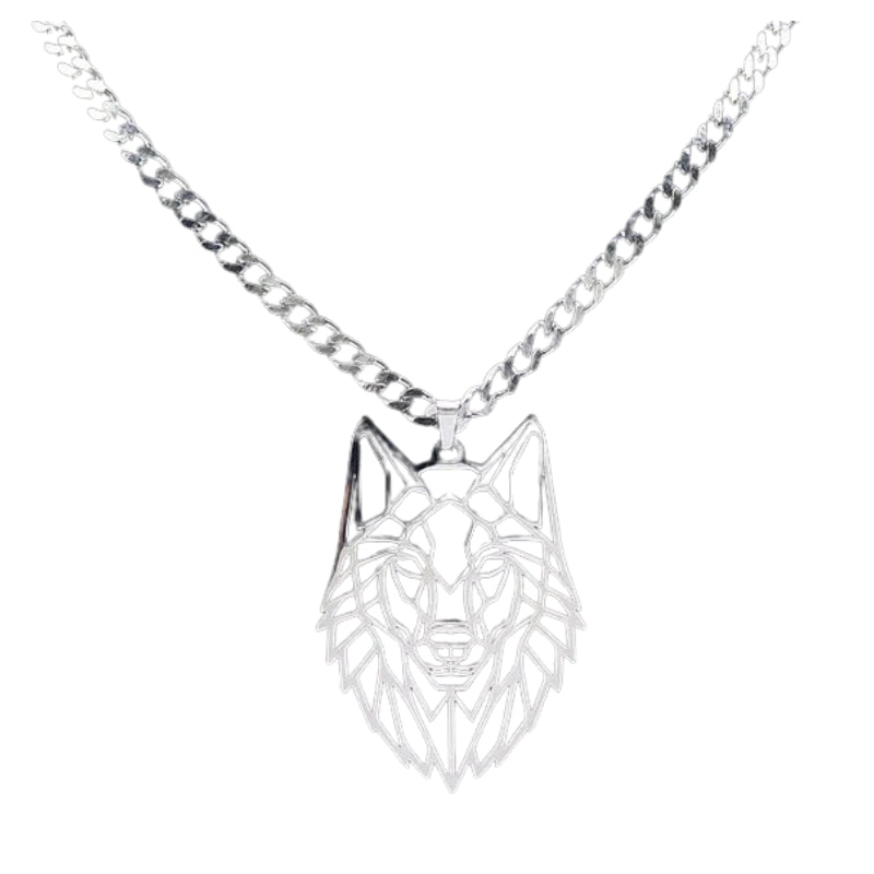 Silver wolf pendant necklace on a white background