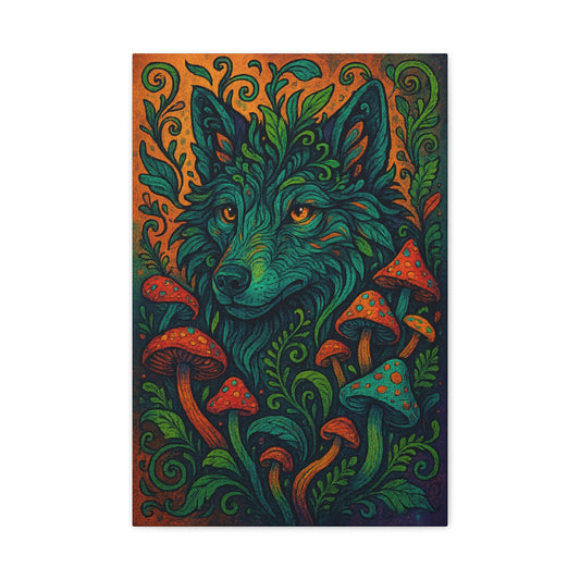 Canvas wall art featuring a mystical wolf surrounded by mushrooms and forest textures, printed in vivid detail on stretched wood frame.