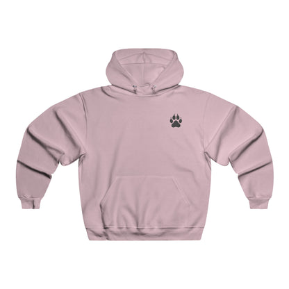 Pink hoodie with a black paw print on a white background