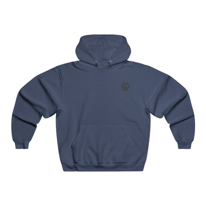 Blue hoodie with a paw print on the back against a white background