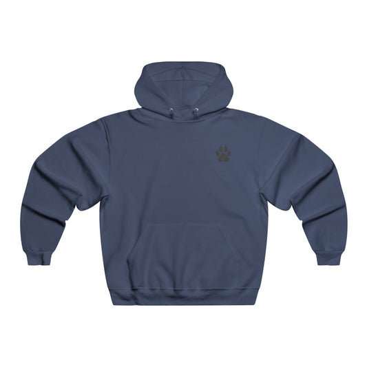 Blue hoodie with a paw print on the back against a white background