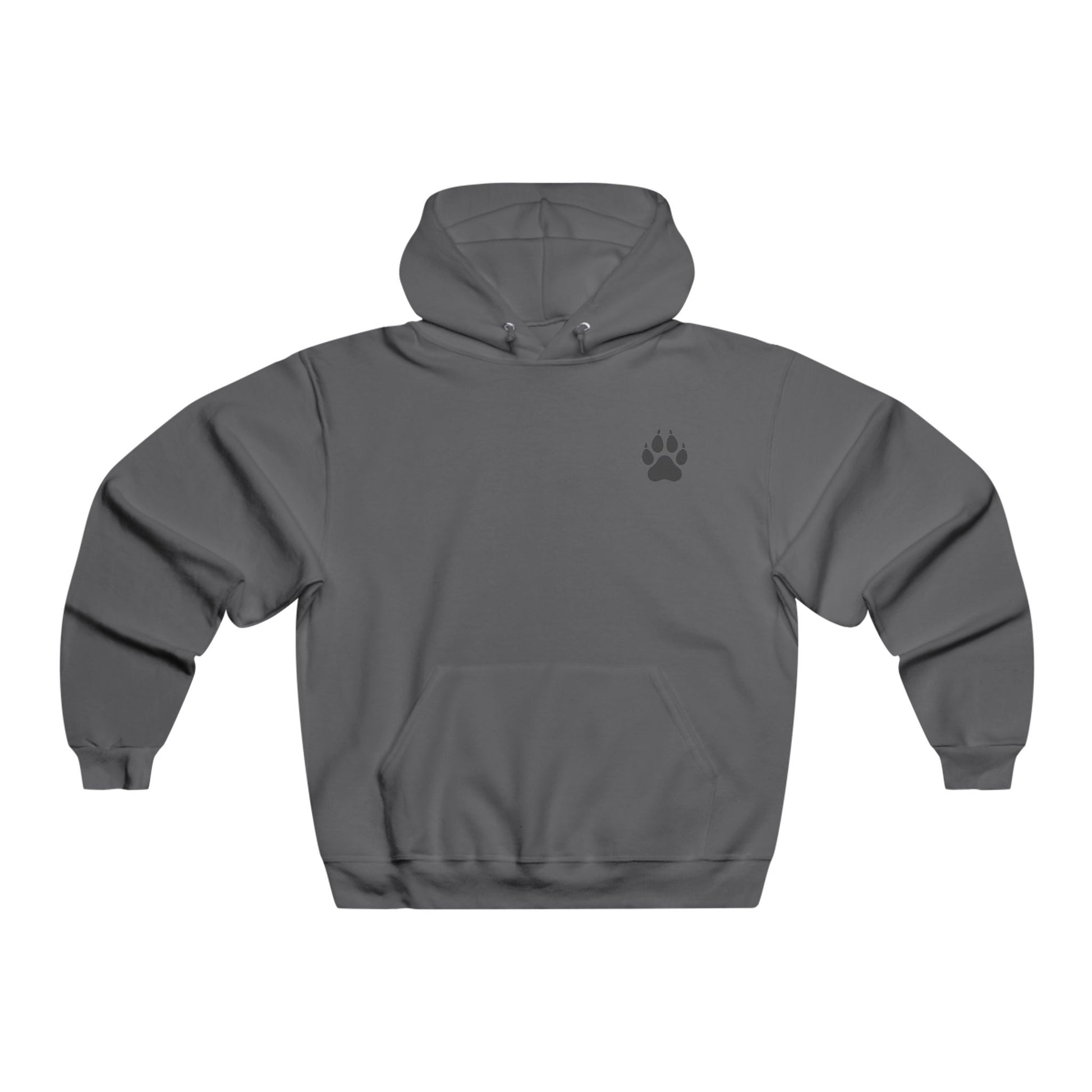 Gray hoodie with a paw print on the chest against a white background