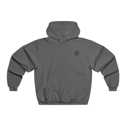 Gray hoodie with a paw print on the chest against a white background