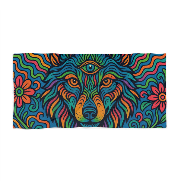 Colorful psychedelic towel with a wolf design with a third eye and floral patterns on a white background