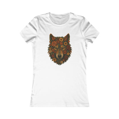 White t-shirt with a floral wolf design on a white background