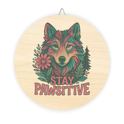 Decorative wall art with a wolf design and 'Stay Pawsitive' text on a wooden circle.