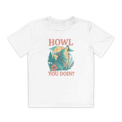 White youth t-shirt with a graphic of a wolf and text 'HOWL YOU DOIN?' on a white background