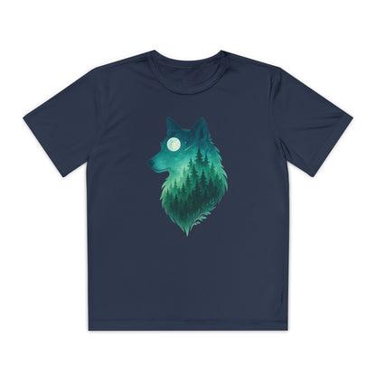 Navy blue t-shirt with a green wolf design on a white background