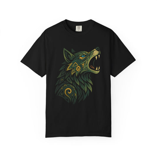 Black T-shirt featuring a fierce wolf design with tribal or symbolic markings that represent wild instinct and untamed spirit