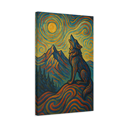 Canvas wall art with a sunrise-lit wolf howling in golden tones, symbolizing hope and strength, printed in vivid detail on stretched wood frame.