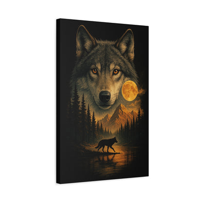 Canvas print of a wolf and another wolf in a forest with a moonlit sky.